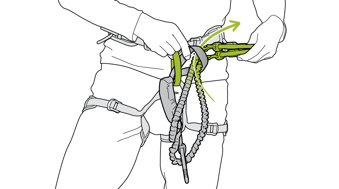 Installing the via ferrata lanyard on the harness