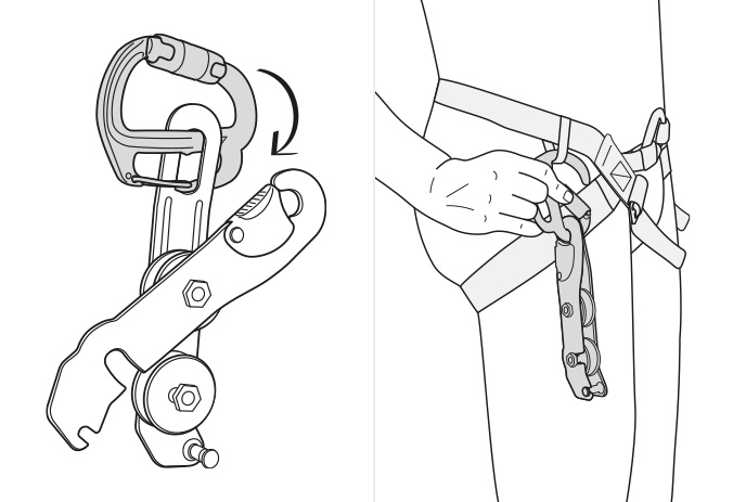 FREINO Z, mit einem STOP- oder SIMPLE-Abseilgerät verbundene Karabiner.