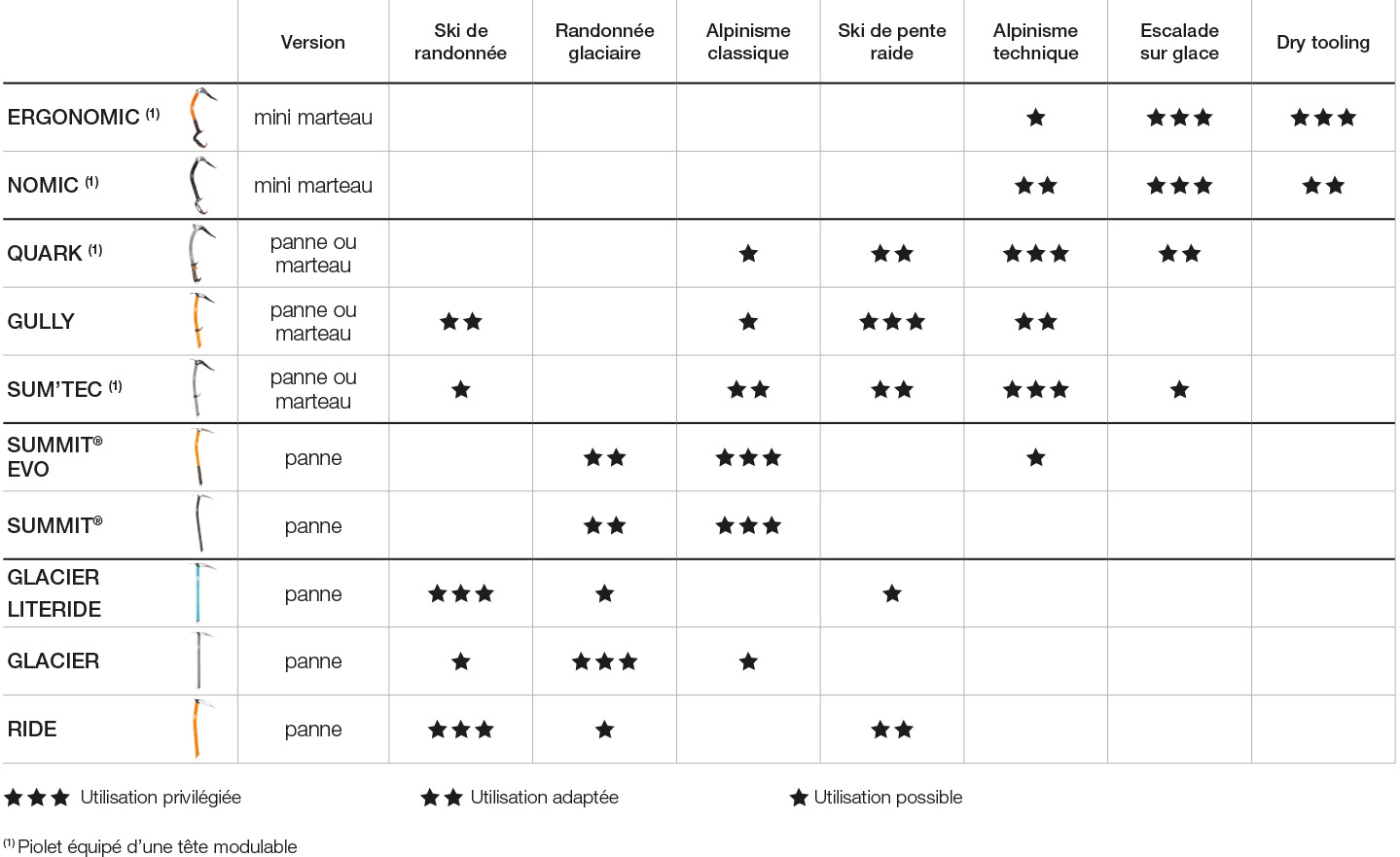 Des piolets pour chaque activité, tableau