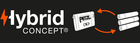 Lampes fontales PETZL, logo Hybrid concept®.
