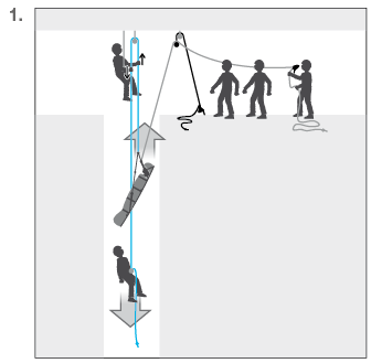 Rescuer hauls the NEST litter in counterbalance on rope clamps.