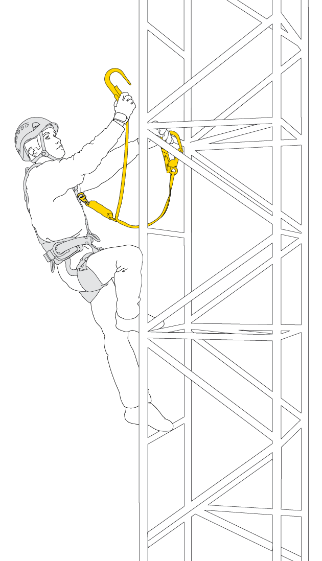 Ascenso asegurado con un elemento de amarre en Y con absorbedor de energía.