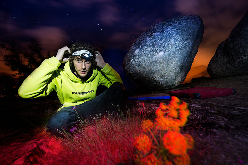 Dave Graham at the boulders in Spain wearing his Petzl TIKKA RXP headlamp