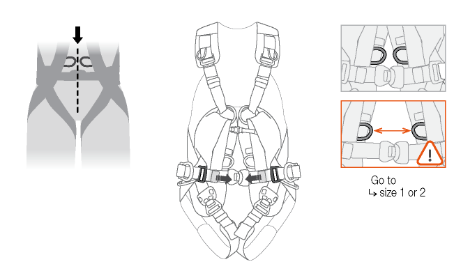 Utilice las hebillas de regulación de los dos lados para centrar el punto de enganche LADDER CLIMB y los anillos portamaterial.