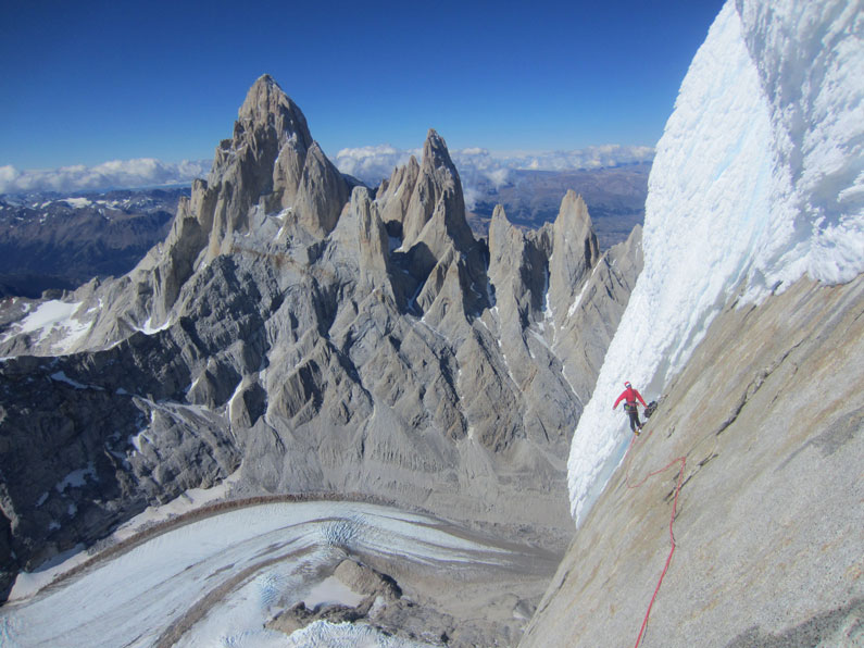 Alex Honnold at a belay on Torre Egger's Huber-Schnarf route, during our near-miss, "magnificent failure" one-day attempt of the Torre Traverse.