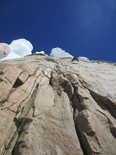 Colin Haley leading high on the north face of Cerro Torre, during the first ascent of "Directa de la Mentira." Photo by Marc-André Leclerc.