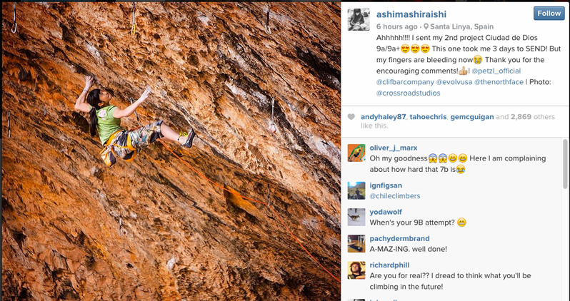 Screen grab from Ashima Shiraishi's Instagram account, after she sent Ciudad de Dios (9a/+) in the Santa Linya cave. Photo: Parker Alec Cross / Petzl