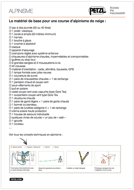 Petzl - Liste matériel de base en alpinisme