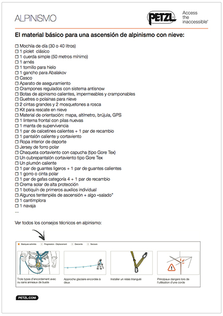 Petzl - el material básico para una ascensión de alpinismo con nieve