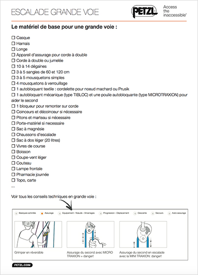 Petzl - Liste matériel de base escalade grande voie